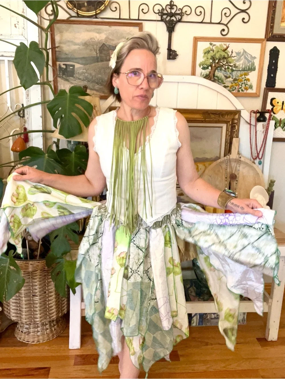 New! The “Green Witch” Fairycore Flowy Scarf Skirt Or Dress Smocked